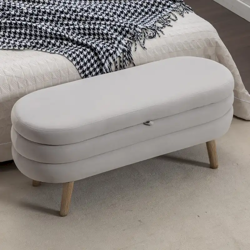 Velvet Fabric Storage Bench Bedroom Bench With Wood Legs For Living Room Bedroom Indoor,Light Gray