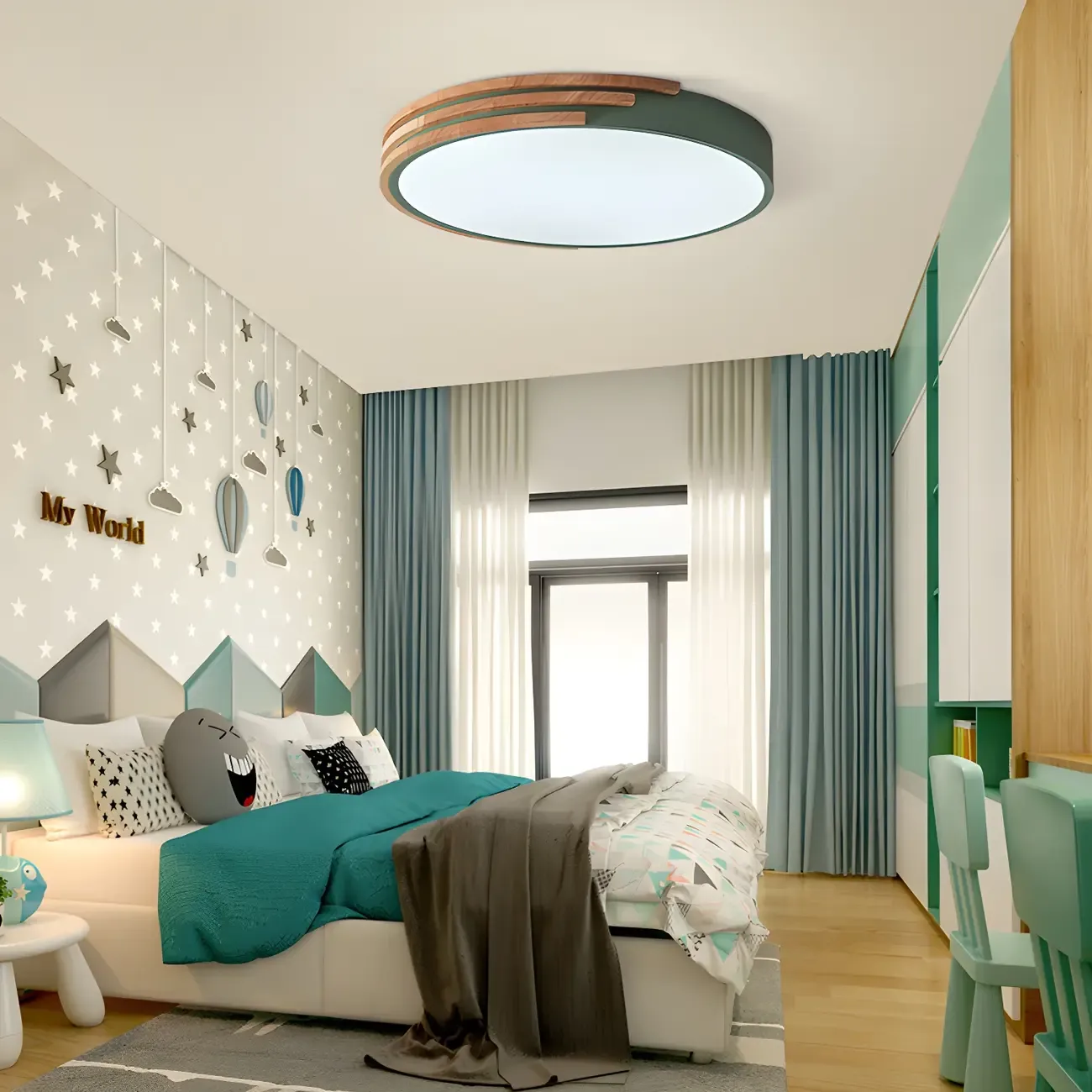 Modern Wood Round Flush Mount White LED Ceiling Light