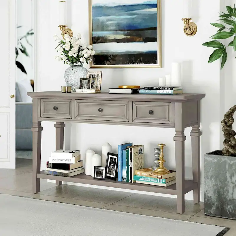 50L Classic Retro Style Console Table with Three Top Drawers and Open Style Bottom Shelf (Gray Wash)