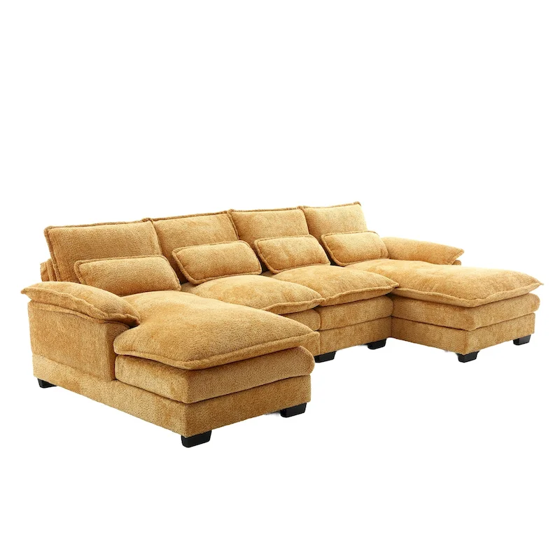 Chenille Upholstered U-Shaped Living Room Sectional Sofa With Wooden Legs