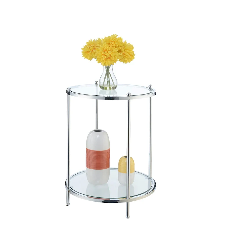 2-Tier Round Tempered Glass End Table, Chrome/Gold Frame, 18