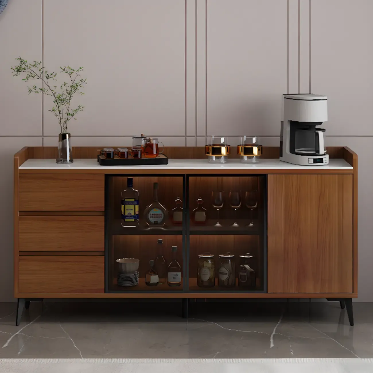 Modern Wooden Floor Glass Door Large Capacity Wine Cabinet
