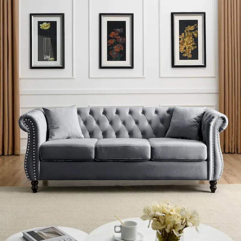 3-Seater Chesterfield Upholstered Tufted Sofa with Rolled Arms and Nailhead