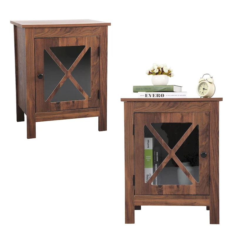Set of 2 Industrial Nightstand Bedside End Table with Door