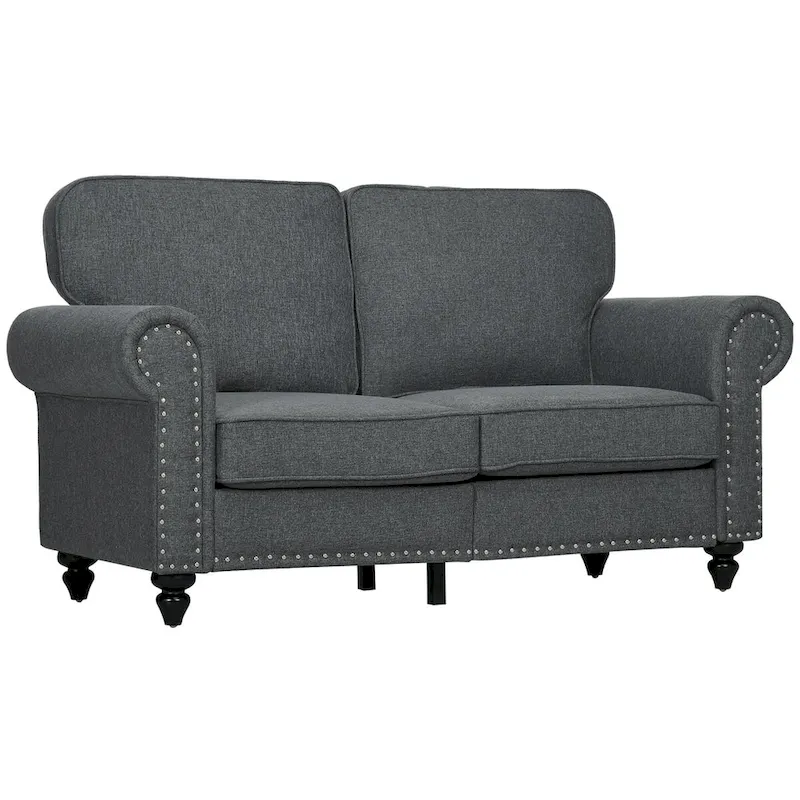 HOMCOM 61 Loveseat Sofa, Mid Century Modern 2 Seater Small Couch with Nailhead Trim, Rolled Arm, Fabric Upholstered Love Seat