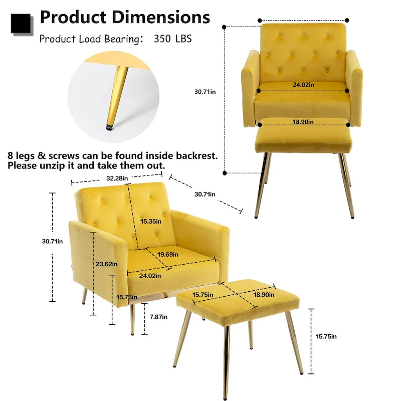 HOMEFUN Velvet Tufted Adjustable Armrests and Backrest Armchair with Ottoman