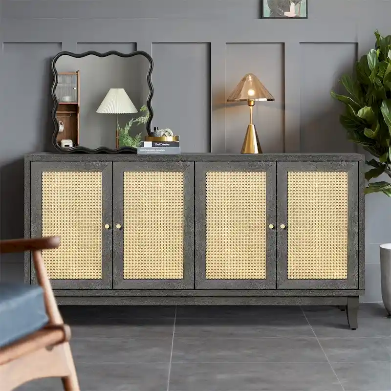 Wood Sideboard Cabinet with 4 Rattan Doors and Adjustable Shelves