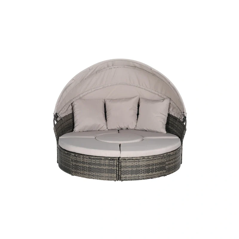 5-Piece Round Daybed Sunbed with Canopy & Removable Cushions