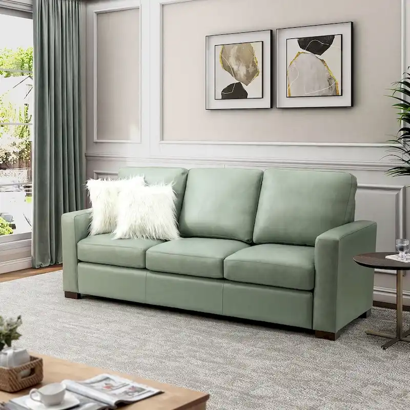 Ernando 83.46 Wide Genuine Leather Sofa with Squared Arms and Pillows