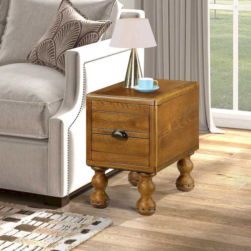 Solid Wood End Table with Drawer, 23.6 inch Narrow Side Table for Small Spaces