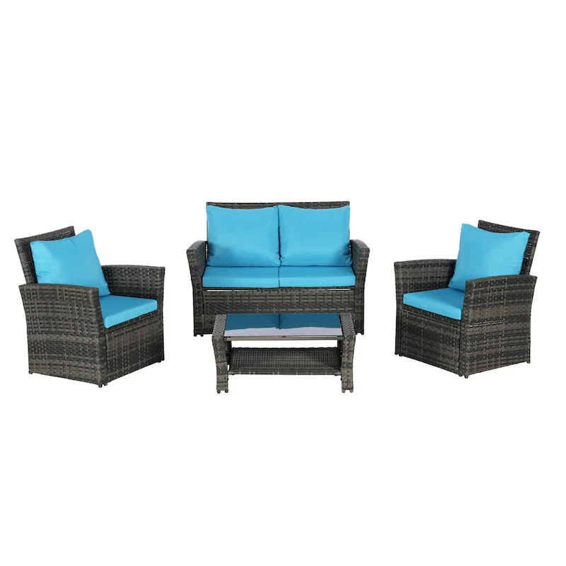 4-Piece Rattan Conversation Sofa Set with Glass Table