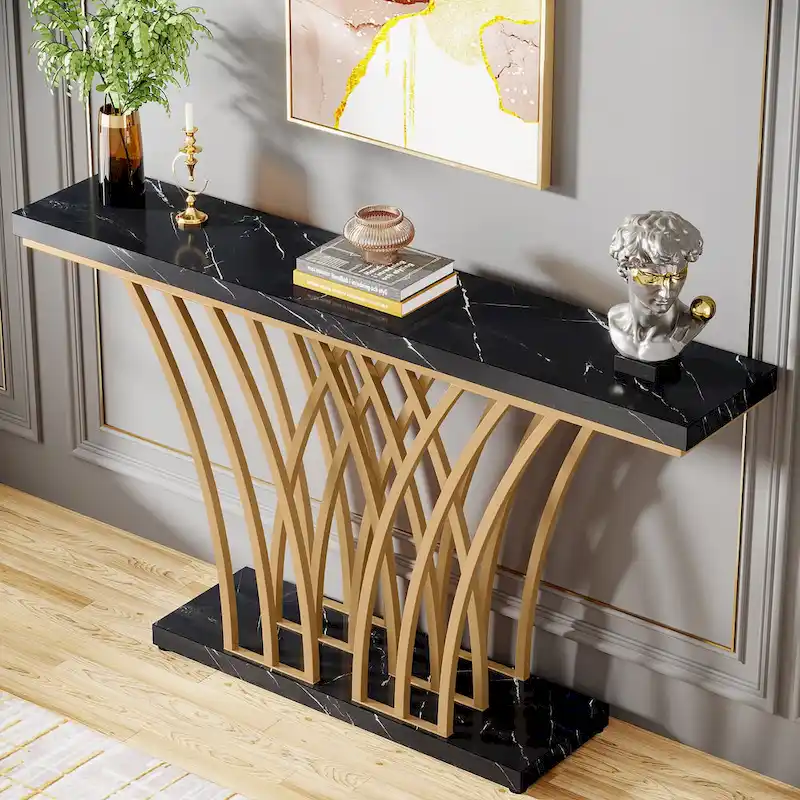 59 Inches Console Table,Gold and White Faux Marble Entryway Table