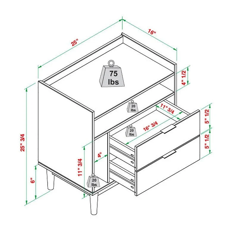 Mid-Century Modern Solid Wood 2-Drawer Gallery Nightstand