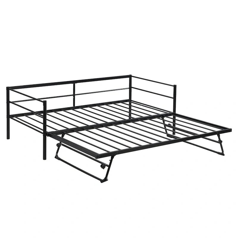 Black Industrial Style Metal Twin Daybed, Adjustable Pop-Up Trundle, Sturdy Frame