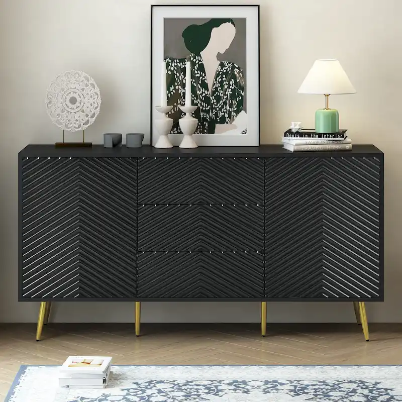 Sideboard with Geometric Line Design, Conical Metal Legs, and Central Drawers for Stylish Storage, for Entryway and Living Room