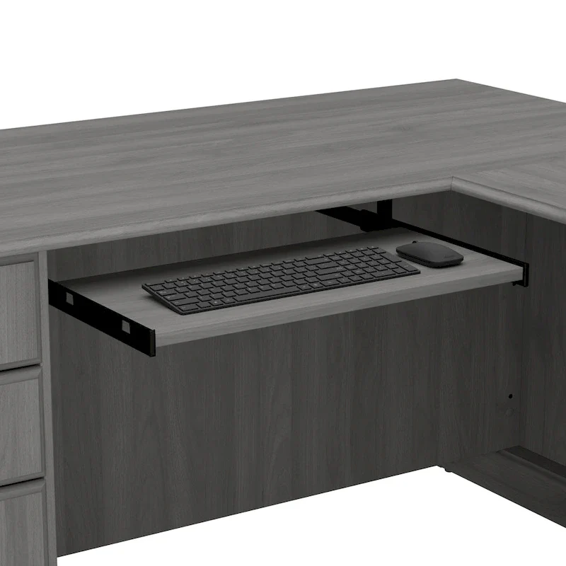 L-Shaped Computer Desk with Drawers, Cherry/Gray/White Oak, Traditional, Seats 1