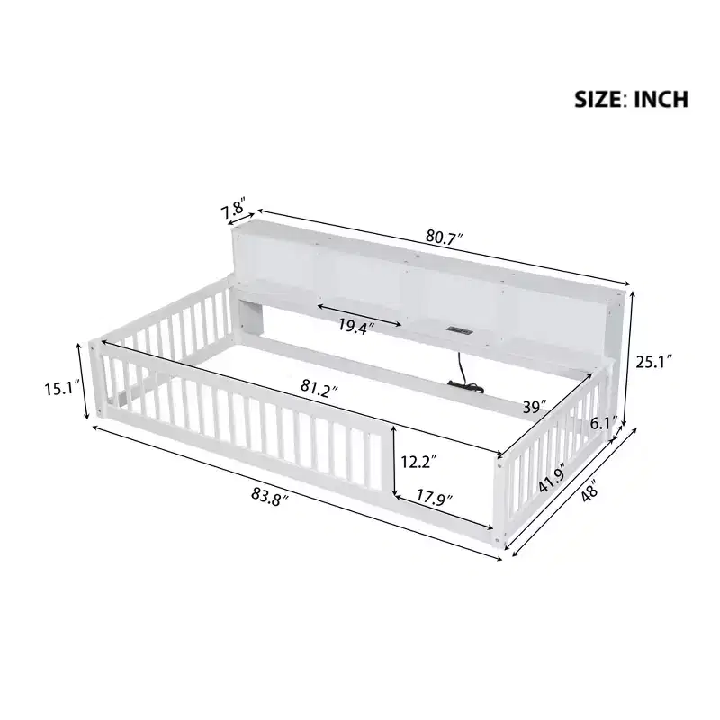 Bellemave Kids Montessori Floor Bed with Bookcase,Twin XL Size Floor Bed with Charging Station,Floor Bed Frame with Guardrails for Kids, White