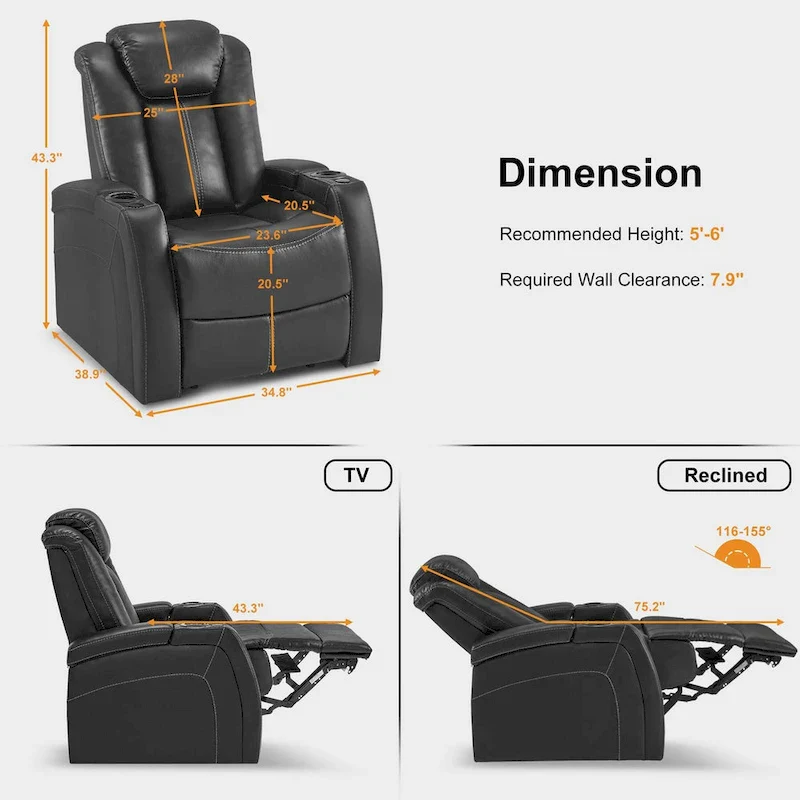 MCombo Power Recliner Chair, Home Theater Seating with Adjustable Headrest and Tray Table, Breathable Leather HTS422