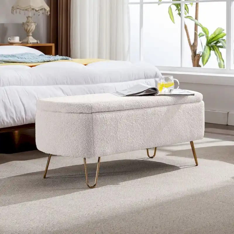 Storage Ottoman Bench for End of Bed Gold Legs, Faux Fur Entryway Bench Upholstered Padded with Storage for Living Room Bedroom