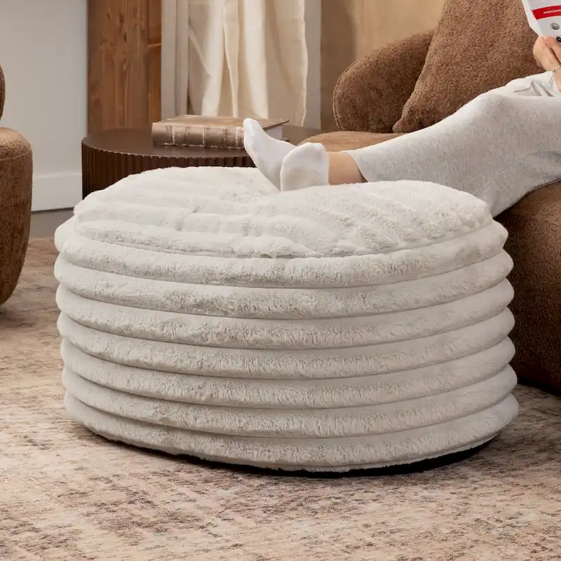 Large Faux Fur Ribbed Plush Pouf Ottoman - 35  - Gray