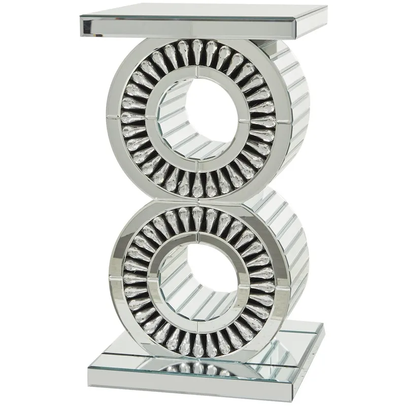Glass Mirrored Side End Accent Table with Crystal Embellishment - Silver - Roche River Decor