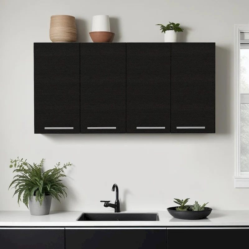 HomeRoots 47 Black Wood Wall Mounted Accent Cabinet With Four Doors