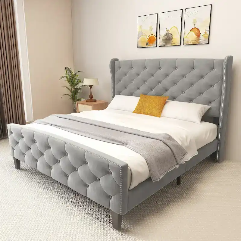 King Wingback Platform Bed, Grey, Velvet Tufted, Headboard & Footboard, Seats 2