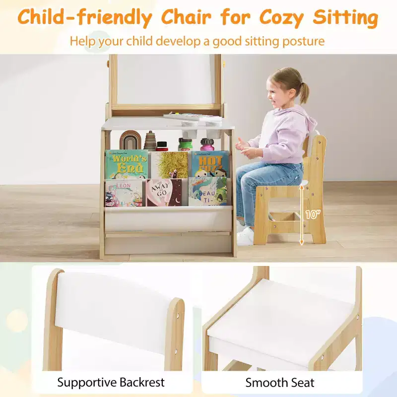 Costway Kids Art Table and Chair Set with Easel & Chair Whiteboard & Chalkboard Paper Roll