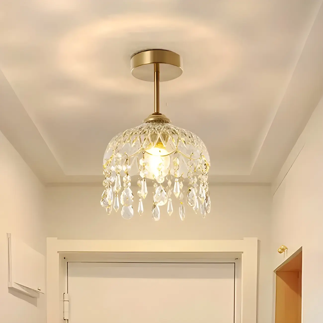 Elegant Golden Crystal Flower Dome Semi Flush Ceiling Light