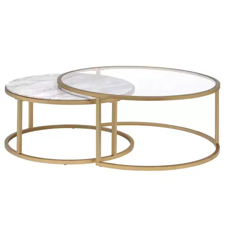 Royal Hampton Metal Framed Nesting Coffee Tables with Glass and Marble Tops, Set of Two, Gold