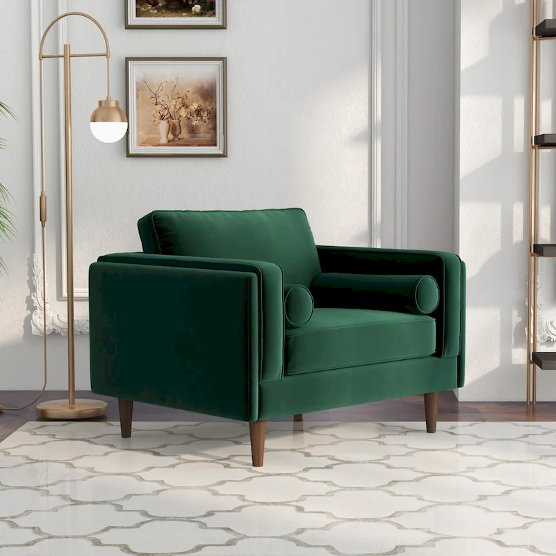 Flavia Mid-Century Modern Pillow Back Velvet Upholstered Armchair