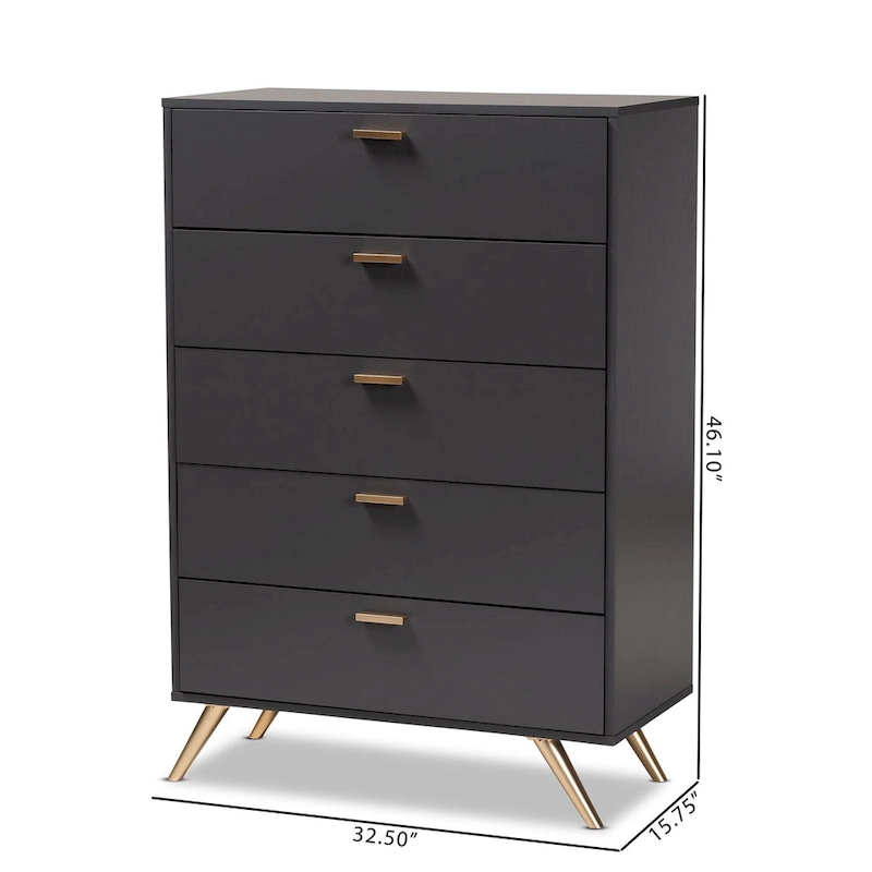 Kelson Modern Dark Grey and Gold Finished Wood 5-Drawer Chest