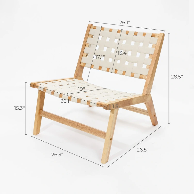 Natural Rubberwood with White PU Leather Low Profile Armless Accent Chair, Set of 2 - 28.5 H x 26.3 W x 26.5 D