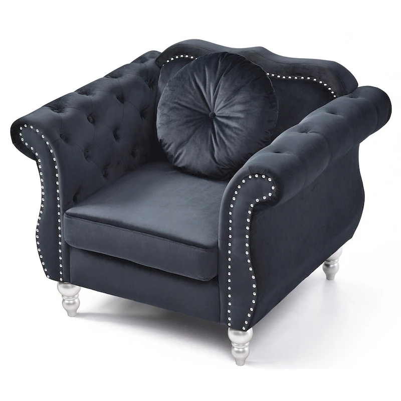 Hollywood Chesterfield Tufted Velvet Accent Chair with Round Throw Pillow - 39L x 35W x 34H