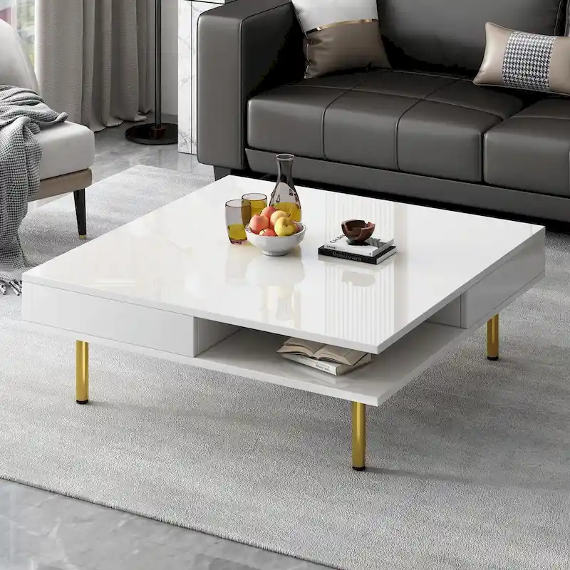 High Gloss Coffee Table: 4 Golden Legs, 2 Drawers, 2-Tier Square Design
