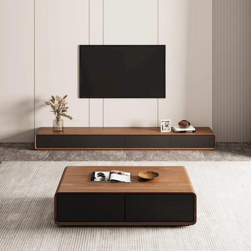 Modern Rectangular TV Stand with 4 Drawers, Wood Veneer Media Console, Walnut White, Soild Wooden, Fully-Assembled