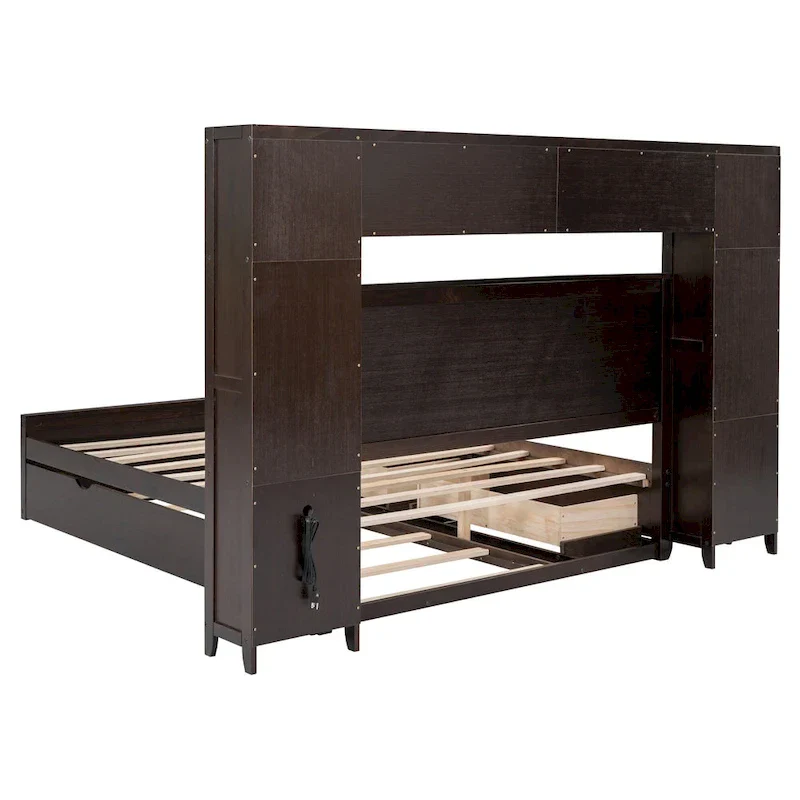 Modern Wooden Bed with Cabinet, Shelf, and Sockets