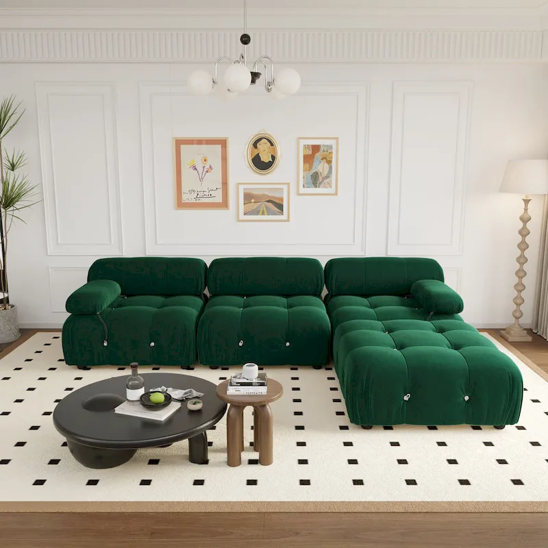 104  Wide Velvet Reversible Modular Sofa & Chaise with Ottoman