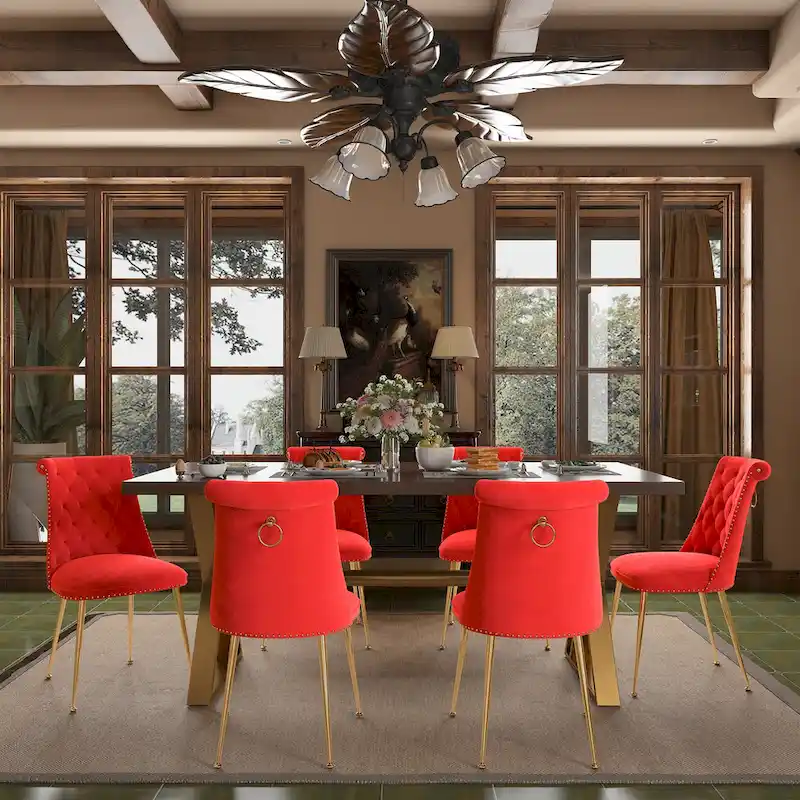 7-Piece  Walut Wood Dining Table with Velvet Chair Dining Chair