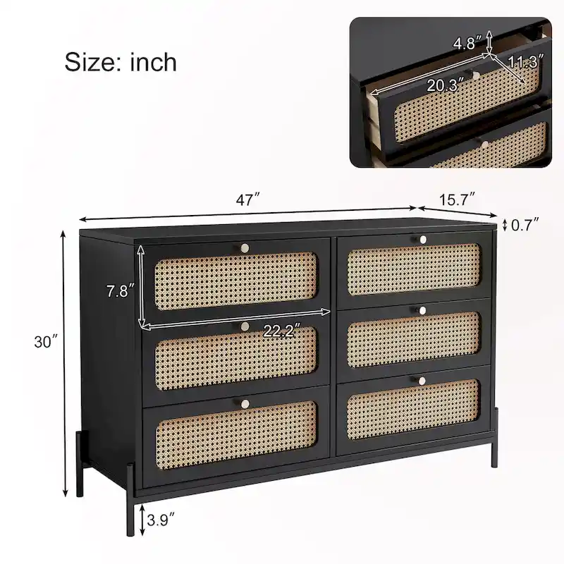 6-Drawer Rattan Wood Nightstand