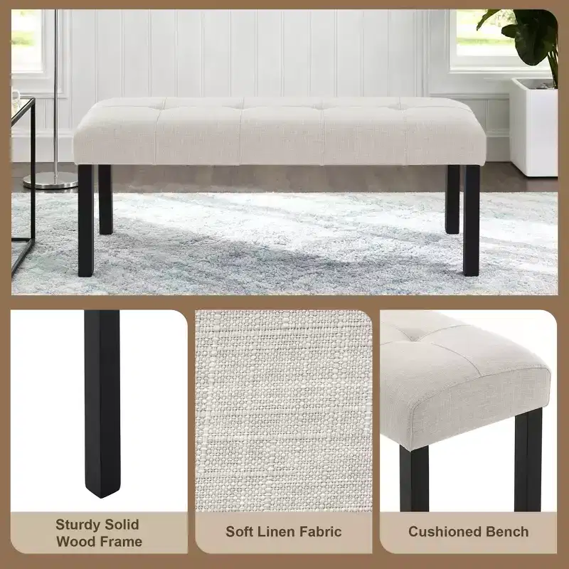 Modern Tufted Linen Dining Bench with Rubber Wood Legs