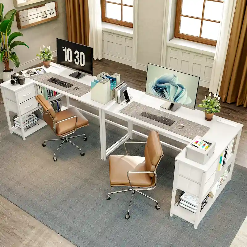 L Shaped Desk with Drawer, Writing Desk, Corner Computer Desk with Shelves and Charging Station