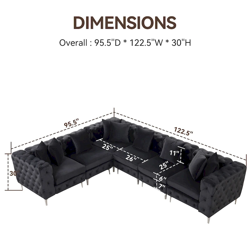 Large L-Shaped Modular Sofa, 6-Seat Velvet Sectional Couch