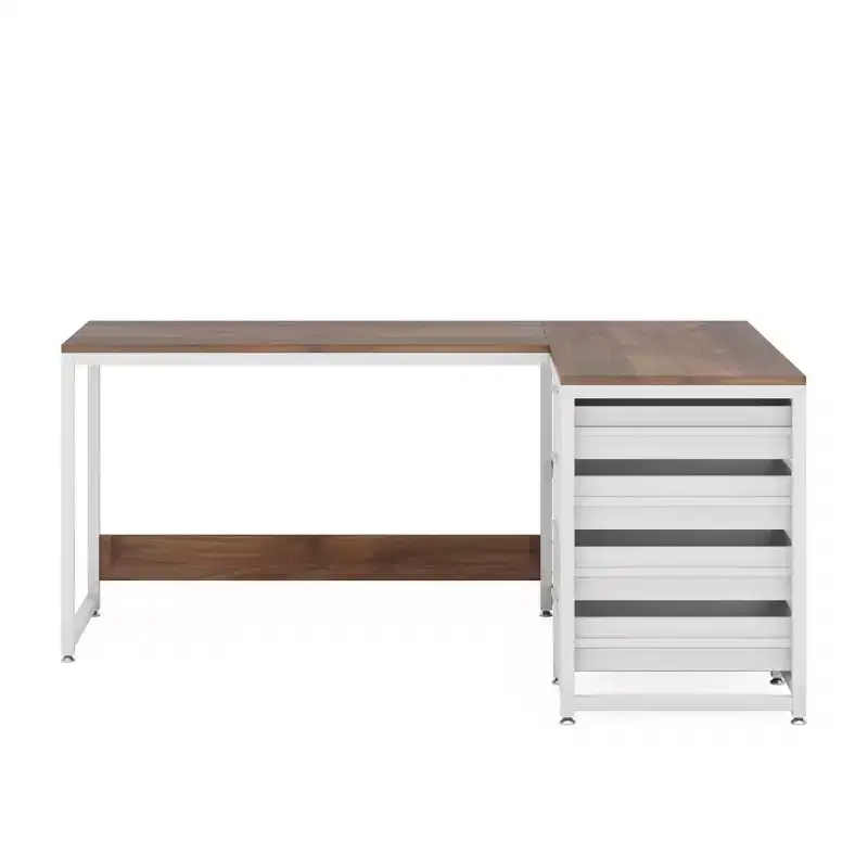MAYEERTY Reversible L-Shaped Desk with 2-Tier Shelf & 4 Drawers