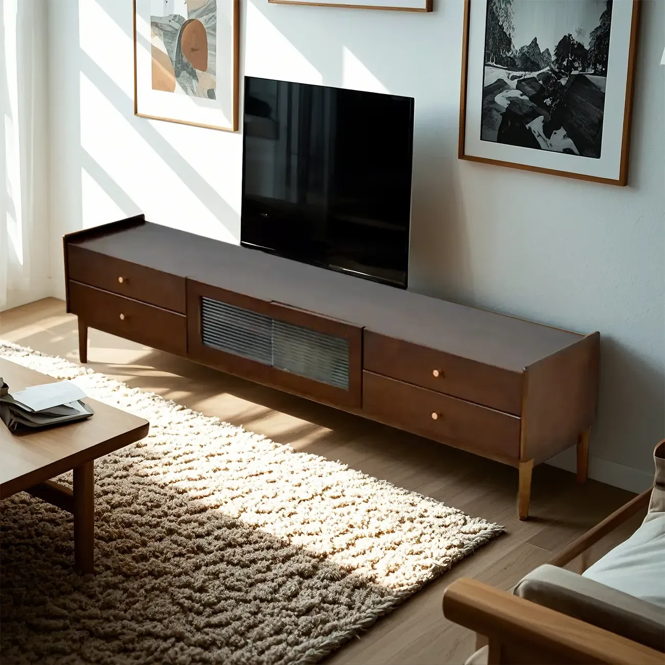 87 Living Room Walnut Wood TV Stand with Adjustable Shelves