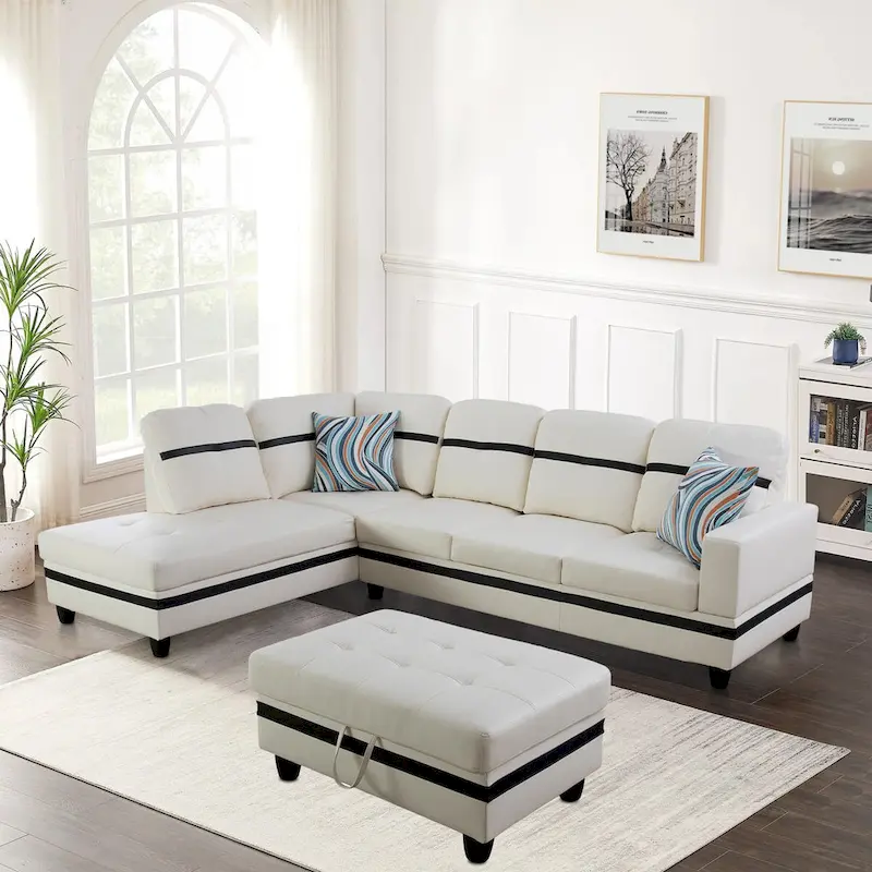 L-Shape Semi PU Leather Living Room Sofa Set with Ottoman,3-Piece