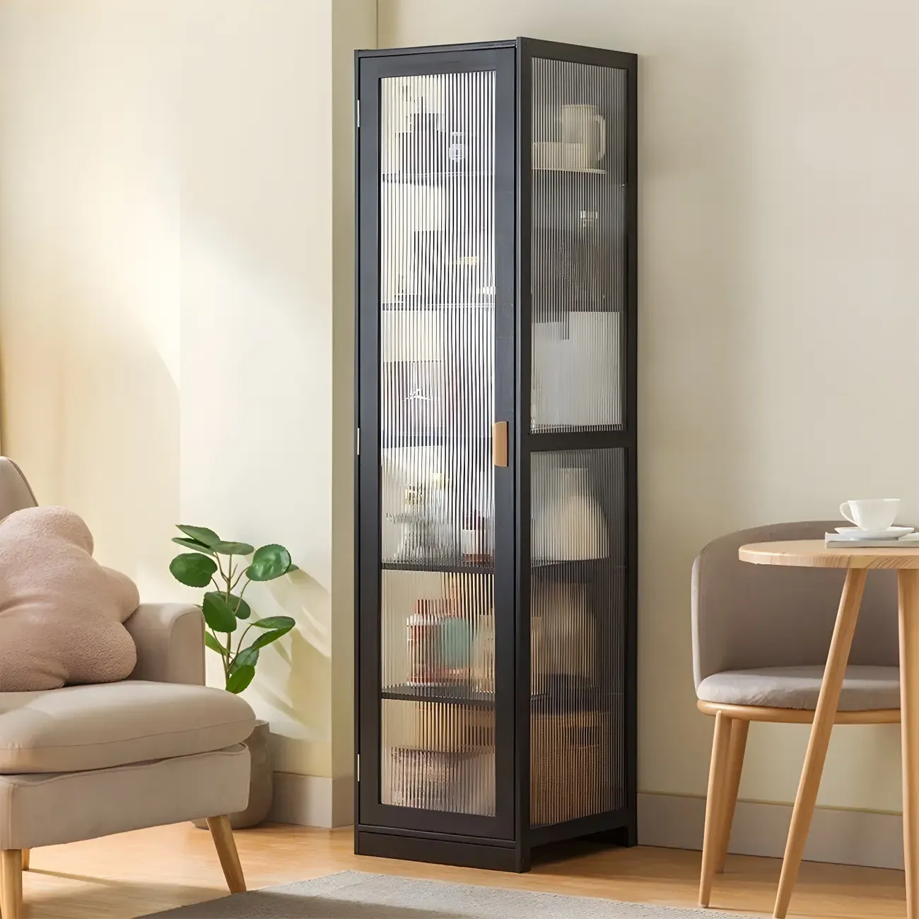 Narrow Adjustable Scandinavian Bamboo Glass Curio Cabinet