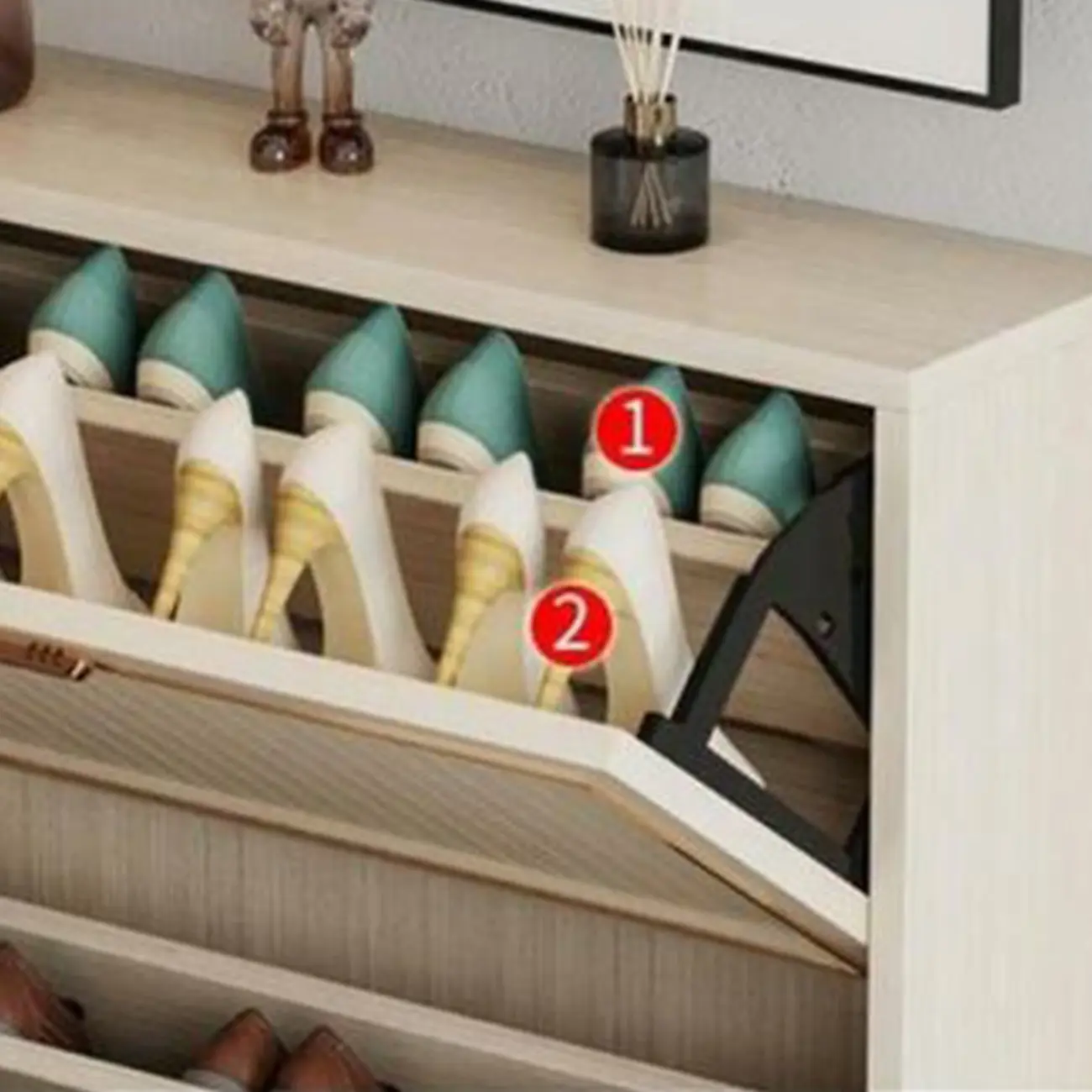 Metal White Drop Front Shoe Cabinet with Textured Panels