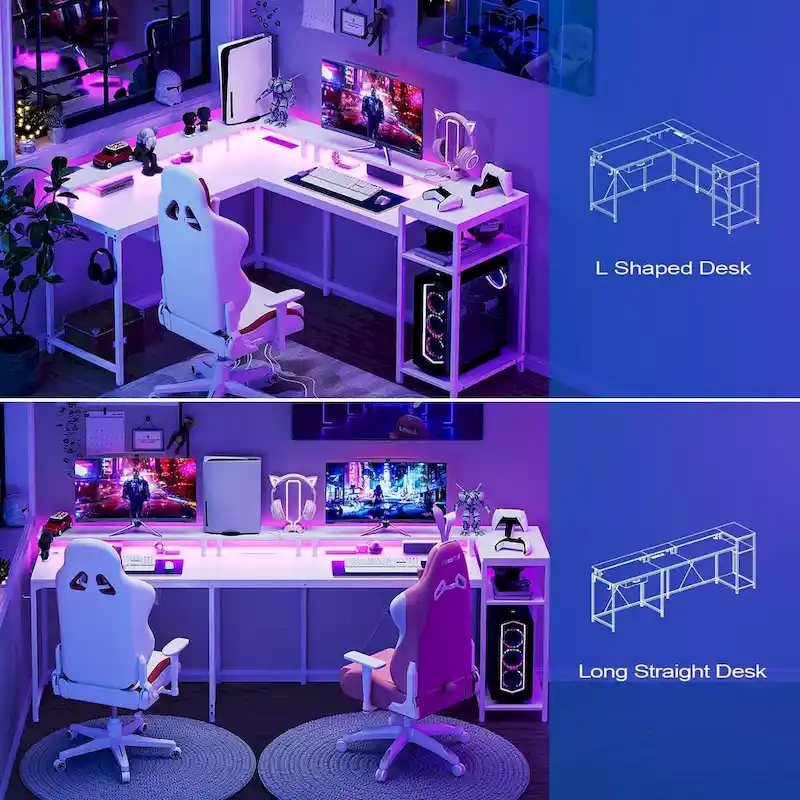 68 Home Office Desk with File Drawer & Power Outlet, LED Lights