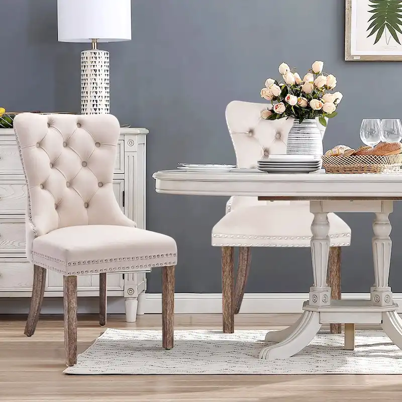 Velvet Modern Dining Chairs Set of 2, Upholstered Dining Side Chairs with Wood Legs, Nailhead Trim, Modern Dining Chairs - N/A
